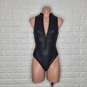 POPILUSH Black Metallic Bodycon Compression Bodysuit Zipper Deep V Shape…